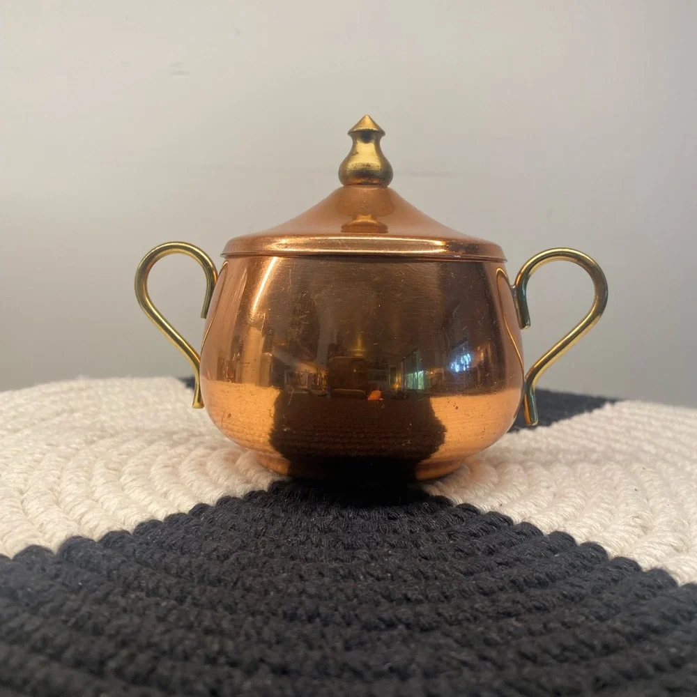 Vintage Copper Sugar Bowl with Brass Finial and Handles - Collectible